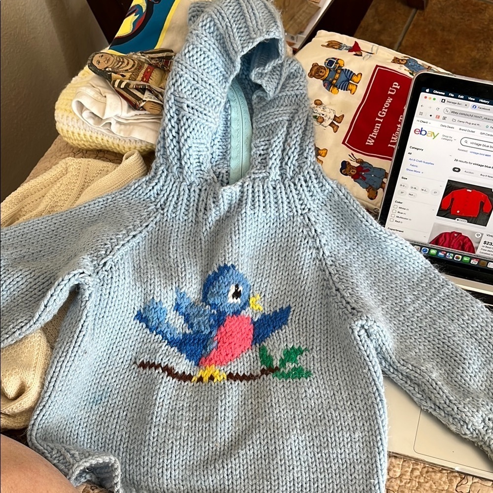 Handcrafted Blue Bird Knit Sweater with Back Zipper Size 3